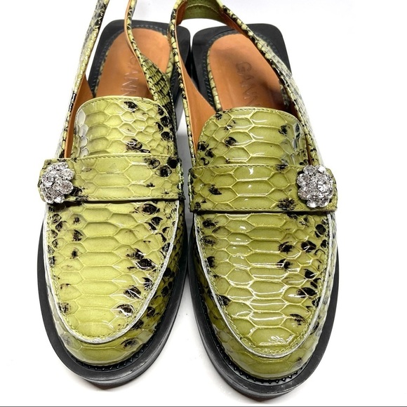 Ganni Snakeskin Slingback Loafers Green Shoes - Picture 5 of 7